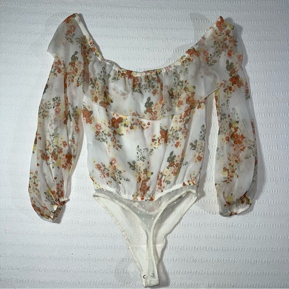 Abercrombie Floral Off Shoulder Bodysuit Tie Front Boho Peasant Top Western - Picture 3 of 9